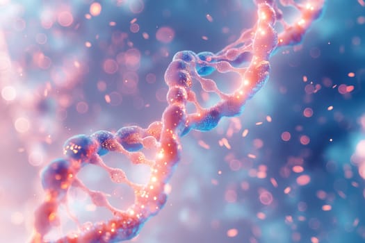A close up of a DNA strand with a pink and blue color scheme. The image has a dreamy, ethereal quality to it, as if it were a painting or a photograph