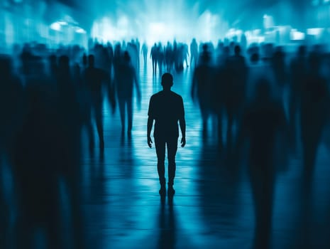 A man is walking down a hallway with many people in the background. The man is the only one in focus