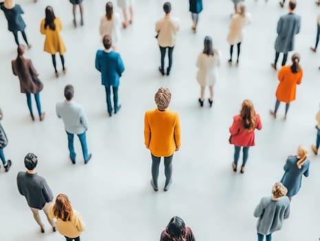 A group of people are standing in a circle, with a woman in the center. The people are all dressed in business attire, and the woman is wearing a yellow jacket. Concept of unity and collaboration