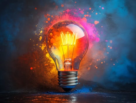 A light bulb is lit up and surrounded by colorful splatters. The light bulb is the main focus of the image, and the splatters of paint around it create a sense of movement and energy