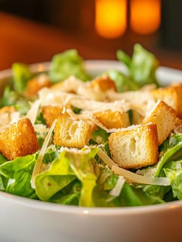 A bowl of salad with croutons and cheese. The salad is green and the croutons are brown