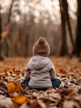 A young child is sitting on the ground in a forest, wearing a brown hat and a gray jacket. The scene is peaceful and serene, with the child looking out into the distance