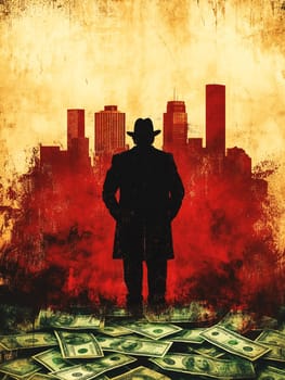 A man in a hat stands in front of a pile of money. The image has a dark and moody atmosphere, with the man's silhouette and the red background creating a sense of danger and mystery