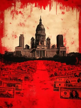 A poster of a red background with a building in the middle and a bunch of money on the ground