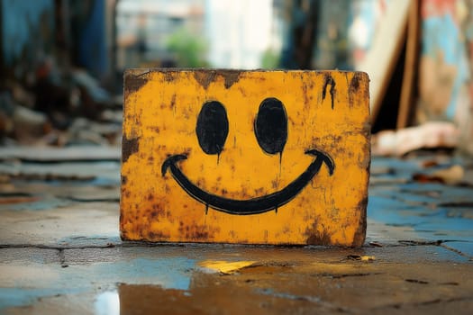 A yellow brick with a smiley face drawn on it. The brick is placed on a wet surface