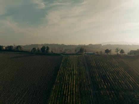 Cultivated fields and vineyards stretching under cloudy sky at sunset in the italian countryside. In Martani, Castell'Arquato, PC, Italy
