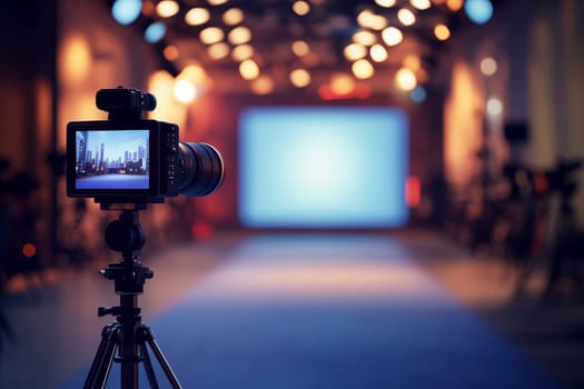 Professional video camera recording interview in tv studio. Media, television, technology concept.