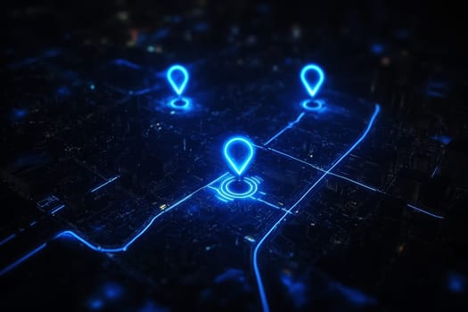GPS. Abstract three pin icons on blue city map with white line connection..