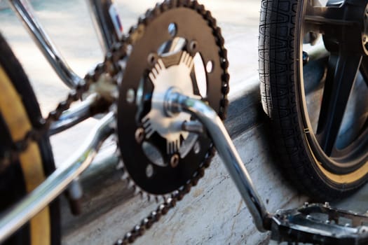 Close up of bmx bike on a ramp in a skatepark, BMX concept.