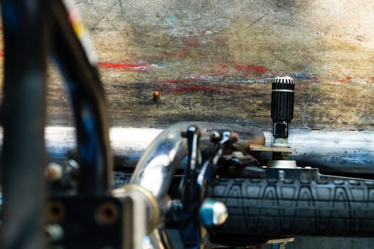 Close up of bmx bike on a ramp in a skatepark, BMX concept.