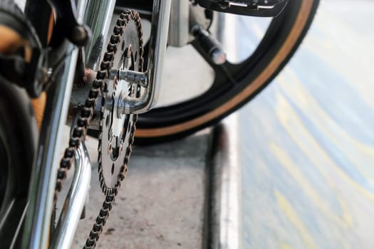 Close up of bmx bike on a ramp in a skatepark, BMX concept.