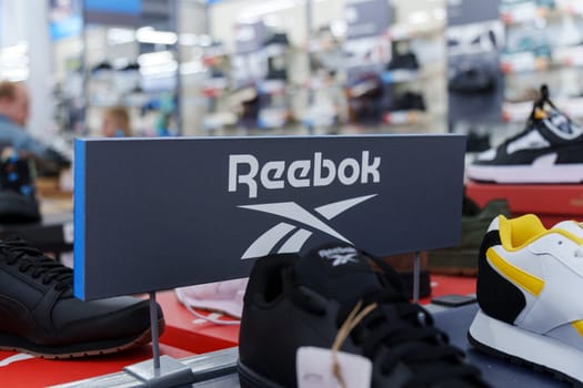 Tyumen, Russia-August 11, 2024: Reebok Athletic shoes are showcased prominently at a retail display