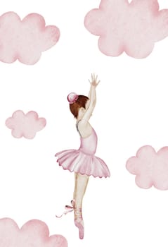 Ballerina watercolor. Ballet. Hand drawn incredible girl dancer in pink tutu skirt on the moon. Clip art on isolated white background of cute ballet beauty. Perfect for poster and cards, princess daughter room design. High quality illustration