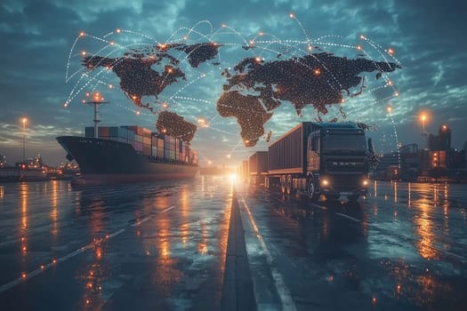 This image captures a cargo ship and truck at a port during sunset, illustrating the vital role of global logistics and international trade in modern commerce and transportation systems.