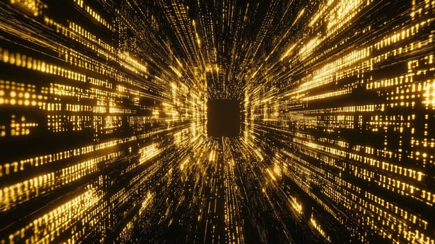 A mesmerizing abstract digital tunnel featuring luminous golden data streams, evoking themes of technology, innovation, and virtual exploration in a futuristic setting.