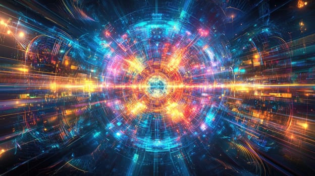 Dynamic digital artwork depicting an abstract cosmic energy explosion with vibrant colors and light trails, evoking a sense of movement and depth in a futuristic space environment.