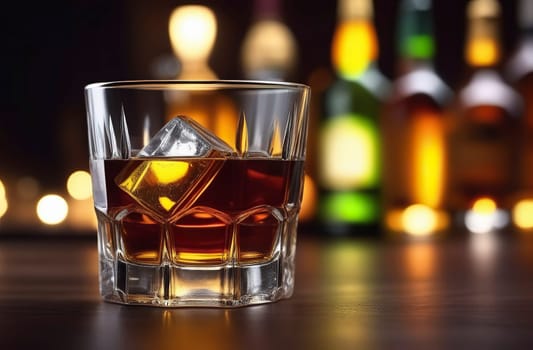 Glass with whiskey and ice on a table in a bar or restaurant. Bar counter made of wood. Close-up. Evening atmosphere. There are bottles of whiskey in the background. Blurred background