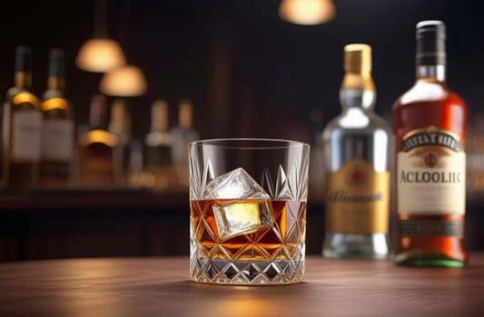 Glass with whiskey and ice on a table in a bar or restaurant. Bar counter made of wood. Close-up. Evening atmosphere. There are bottles of whiskey in the background. Blurred background