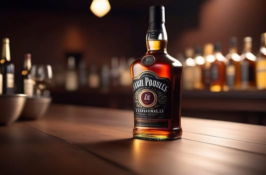 A bottle full of whiskey on a table in a bar or restaurant. Bar counter made of wood. Close-up. Evening atmosphere. There are bottles of whiskey in the background. Blurred background