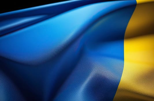 Fabric curved flag of Ukraine, UA. Blue and yellow colors. Close-up, background. Minimalism, macro