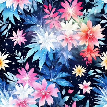 Vivid floral artwork with cosmic background, showcasing colorful petals, lush greenery. For designs requiring blend of natures beauty, celestial wonder, poster, art, greeting card, print, background
