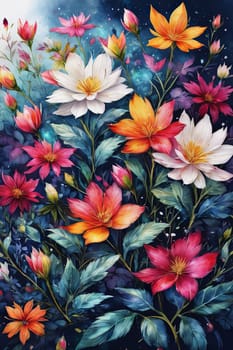 Vivid floral artwork with cosmic background, showcasing colorful petals, lush greenery. For designs requiring blend of natures beauty, celestial wonder, poster, art, greeting card, print, background