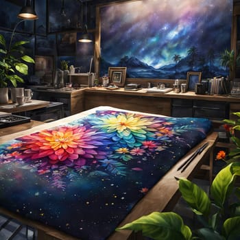Mesmerizing flower with rich colors, intricate details, set against starry night. Captivating contrast of petals, leaves enhances visual appeal. For artistic projects needing magic, greeting card