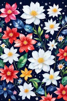 Artistic floral composition featuring vibrant petals, cosmic elements. Intricate details, rich colors create enchanting visual. For creative designs seeking bold, imaginative touch, greeting card