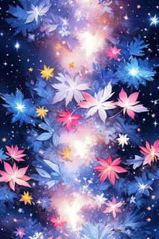 Artistic floral composition featuring vibrant petals, cosmic elements. Intricate details, rich colors create enchanting visual. For creative designs seeking bold, imaginative touch, greeting card