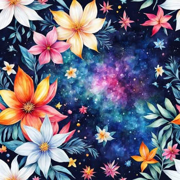 Artistic floral composition featuring vibrant petals, cosmic elements. Intricate details, rich colors create enchanting visual. For creative designs seeking bold, imaginative touch, greeting card