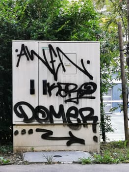 A large electrical box is covered with bold graffiti in various styles, set against a backdrop of thick vegetation in an urban environment.