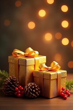 Two Xmas golden gifts with ribbons sit among pinecones and berries, illuminated by a warm, festive glow, creating a cozy holiday atmosphere - Generative AI