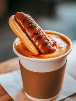 A hot dog is sitting on top of a cup of coffee. The hot dog is covered in mustard and ketchup