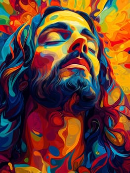 A colorful painting of a man with a beard and long hair. The painting is abstract and has a lot of different colors. The man's face is the main focus of the painting, and it is in a relaxed