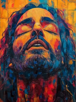 A man with a beard and long hair is painted in a colorful style. The painting is abstract and has a spiritual feel to it
