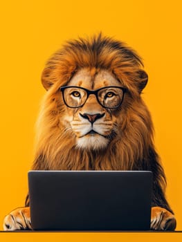A lion wearing glasses is sitting in front of a laptop computer. Concept of curiosity and intelligence, as the lion appears to be using the laptop as if it were a human