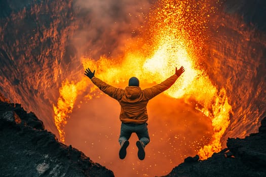 A man is jumping into a volcano with a fire in the background. The man is wearing a yellow jacket and he is in a state of excitement