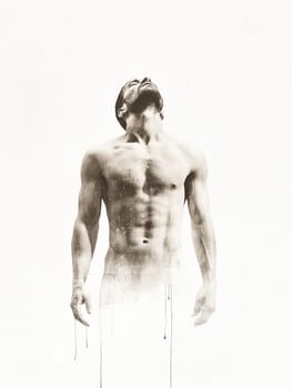 A man is standing in the air with his arms outstretched. The image is a black and white photograph of a naked man. Scene is one of vulnerability and openness. The man's bare chest
