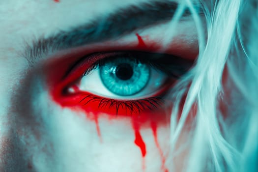 A woman's eye is painted red and blue. The blue is the color of the iris and the red is the color of the eyelashes. The eye is surrounded by a red line, which gives it a dramatic and intense look