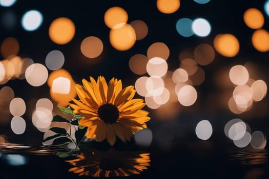 A yellow flower is floating on the surface of a body of water. The water is surrounded by a blurry background, giving the image a dreamy, ethereal quality. The flower is the main focus of the image