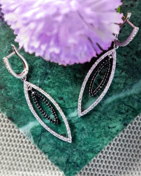 Pair of silver earrings with black and white crystals lying on green marble