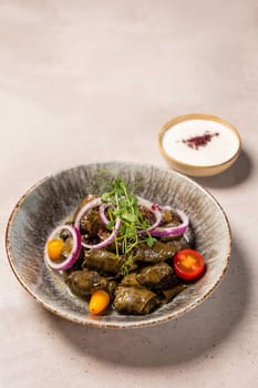 Dolma is a dish consisting of various vegetables, typically grape leaves, stuffed with rice and sometimes meat
