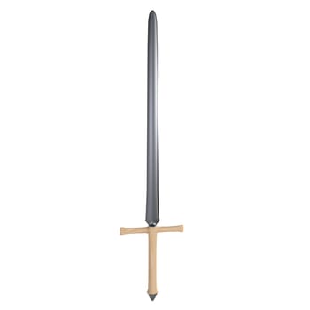 A detailed replica sword featuring a long, sleek blade and a simple crossguard.
