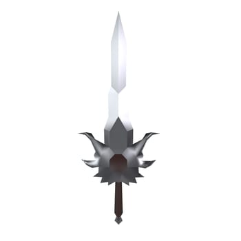 A unique sword features a silver blade and ornate hilt, perfect for fantasy settings.