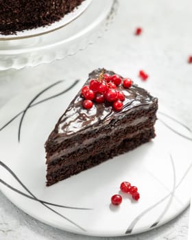 Delicious chocolate cake slice decorated with red currant and chocolate ganache
