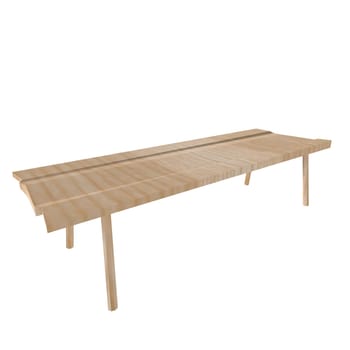 A long wooden table showcases a stylish design in a clean, minimalist space.