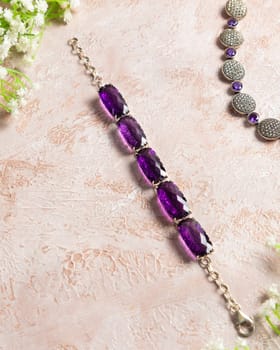 Silver bracelet with natural amethyst gemstones, luxury jewelry advertisement