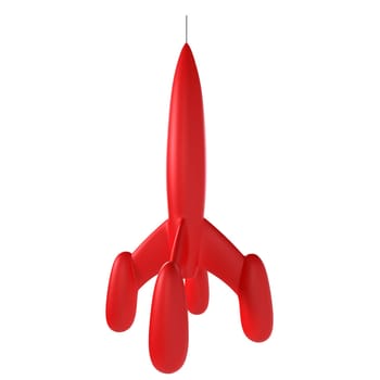 A bright red rocket-shaped decor piece dangles from the ceiling in a playful setting.
