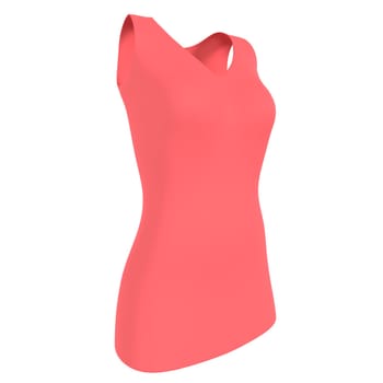 A coral sleeveless dress is showcased on a mannequin under bright studio lighting.