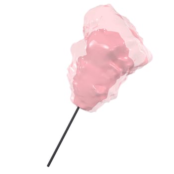 A fluffy, pink cotton candy sits on a black stick at a vibrant fair.
